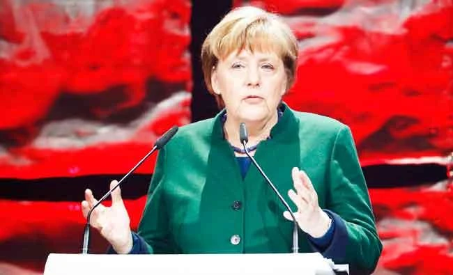 German Chancellor Angela Merkel delivers her speech at the official opening of the CeBIT technology fair in Hanover, central Germany, on Sunday. (AFP)