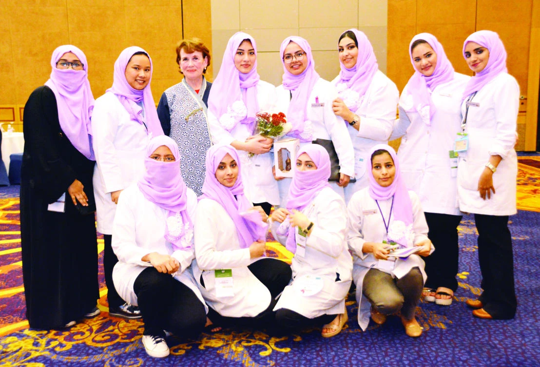 Dr. Rosemarie Lawrence, acting education coordinator and intern coordinator for King Faisal Specialist Hospital and Research Center, with a group of Saudi nurses in Jeddah. (AN photo by Huda Bashatah)