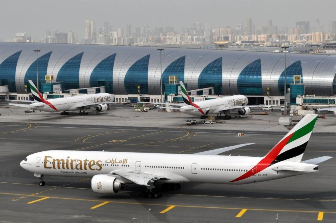 An Emirates plane taxis to a gate at Dubai International Airport. (AP)