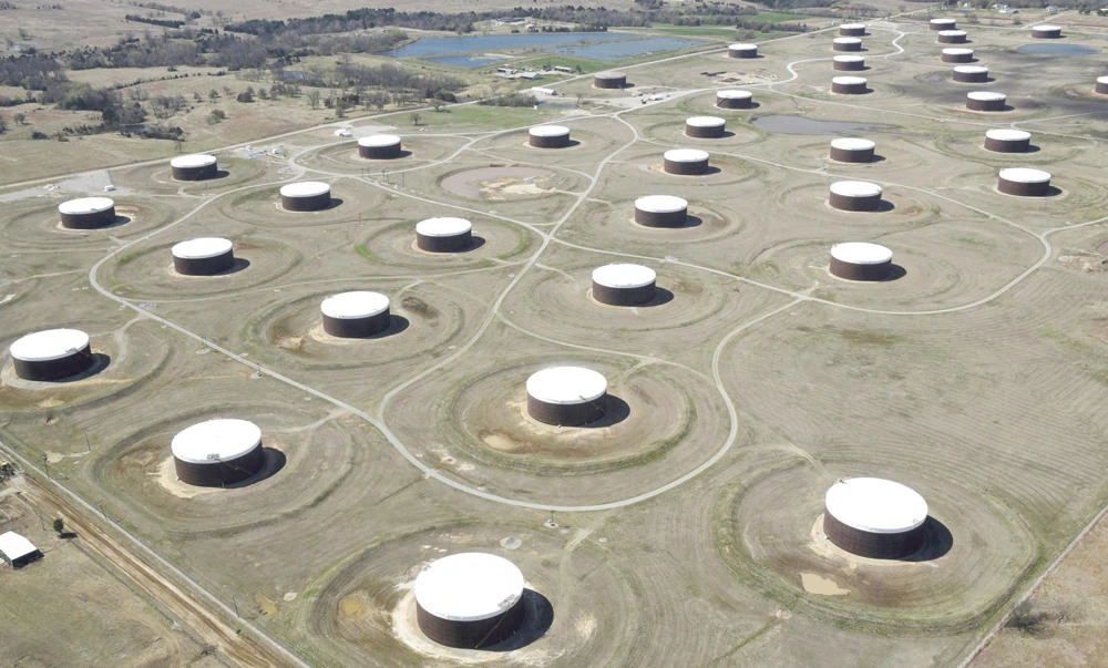 Crude oil storage tanks are seen from above at the Cushing oil hub, in Cushing, Oklahoma, in this March 24, 2016 file photo. (Reuters)