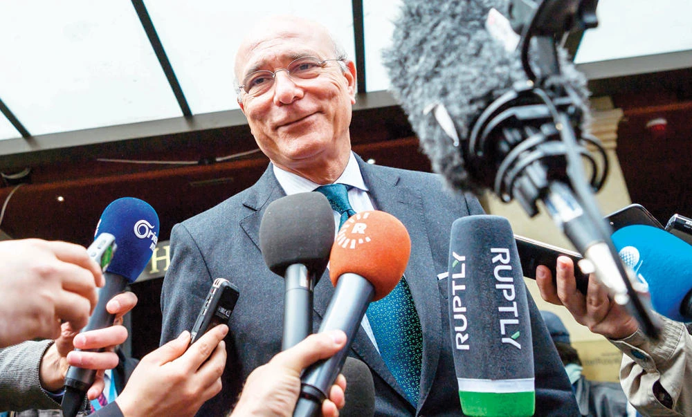 Deputy UN Syria Envoy Ramzy Ezzeldin Ramzy speaks to the press after a meeting with Syrian opposition High Negotiations Committee on Thursday. (AFP)