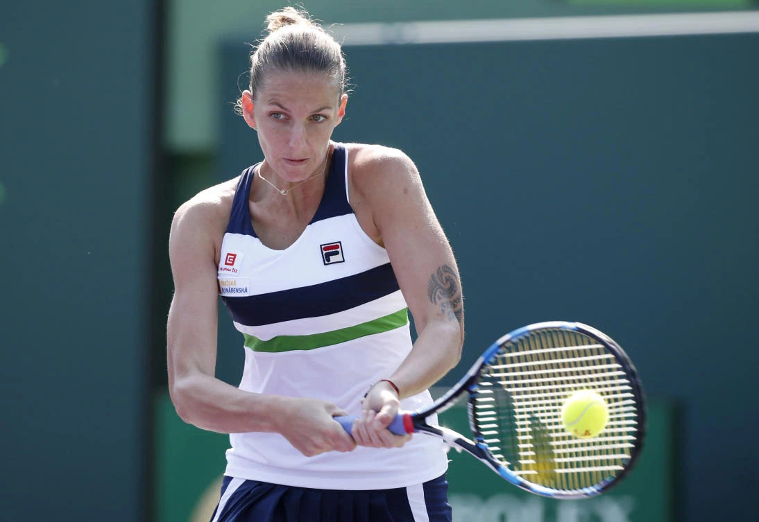 Karolina Pliskova returns a shot from Madison Brengle at the Miami Open in Florida on Thursday night. (AP)