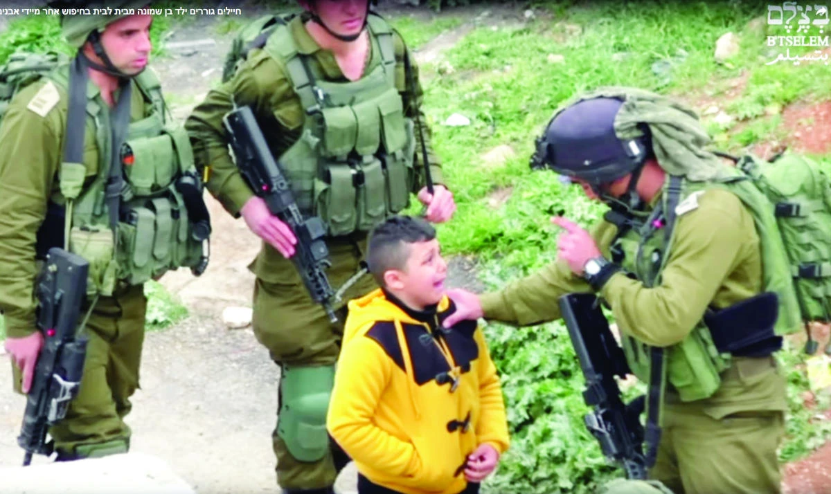 A YouTube grab of a video by Israeli rights group B’Tselem shows a frightened Palestinian boy being harassed.