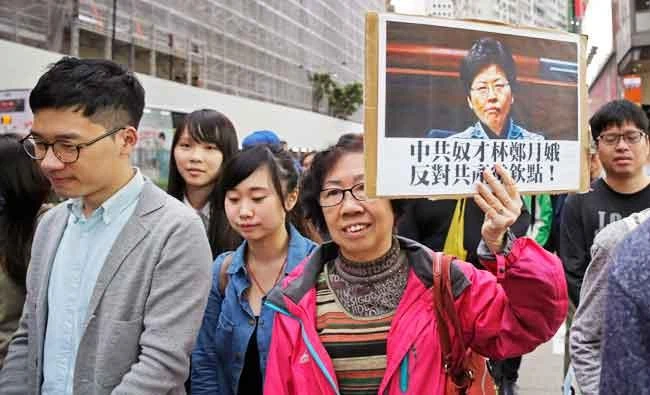 Pro-democracy protesters display a placard with the picture of Hong Kong chief executive candidate, former Chief Secretary Carrie Lam, reading: "Slave of Chinese Communist Party Carrie Lam, We oppose the hand-pick by Chinese Communist Party" during a demonstration in Hong Kong, on Saturday. (AP)