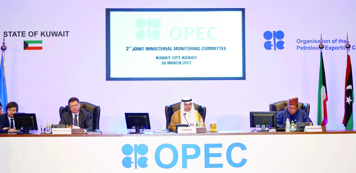 Kuwaiti Oil Minister Essam Al-Marzouq with Russian Energy Minister Alexander Novak (left) and OPEC Secretary-General Mohammad Barkindo at OPEC's second Joint Ministerial Monitoring Committee meeting held in Kuwait City on Sunday. (Reuters)
