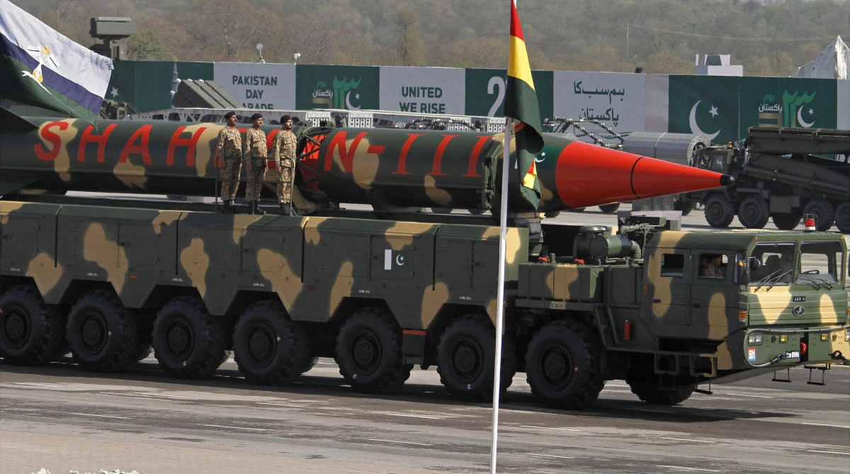 A Pakistani-made Shaheen-III missile, that is capable of carrying nuclear warheads, is on display during a military parade to mark Pakistan’s Republic Day, in Pakistan. (AP)