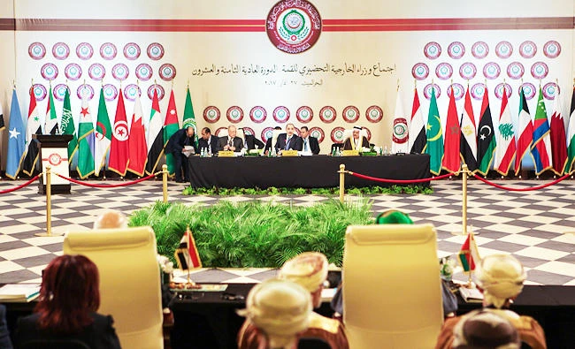 A photo taken on March 27, 2017 shows a general view of the preparatory meeting of Arab Foreign Ministers during the 28th Summit of the Arab League at the Dead Sea, south of the Jordanian capital Amman, with the Arab League Secretary-General Ahmed Abul-Gheit (C-L) and chair Jordanian Foreign Minister Ayman al-Safadi (C) seated in the centre. (AFP)