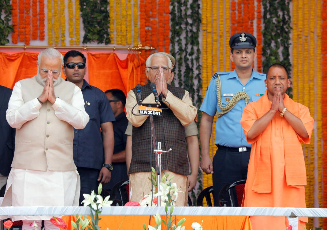 Prime Minister Narendra Modi (L), Uttar Pradesh governor Ram Naik (C) and India’s ruling Bharatiya Janata Party (BJP) leader Yogi Adityanath. (Reuters)