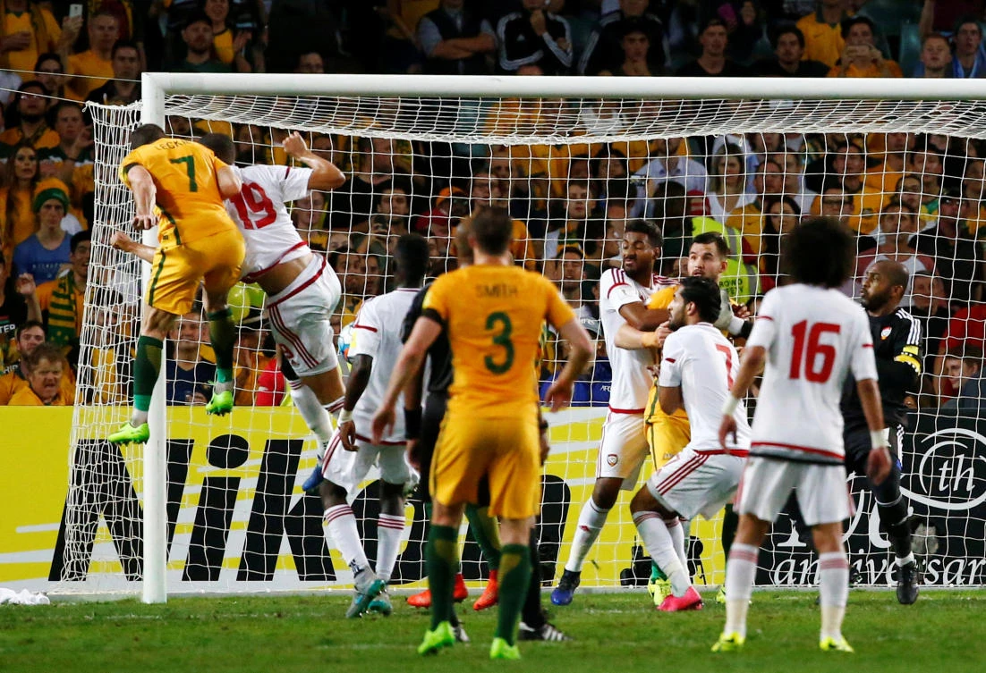 Australia's Mathew Leckie (7) scores against UAE during the Australia vs. UAE 2018 World Cup Qualifying Asian Zone Group B at Sydney Football Stadium on Tuesday. (Reuters)