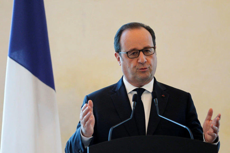 French President Francois Hollande gestures as he speaks during a joint news conference with Malaysia’s Prime Minister Najib Razak in Putrajaya, Malaysia March 28, 2017. (REUTERS)