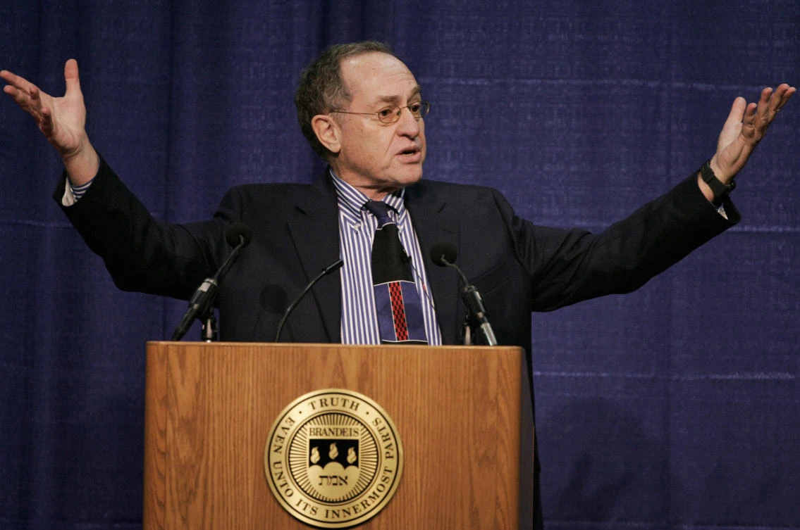 Harvard law professor Alan Dershowitz addresses an audience at Brandeis University, in Waltham, Mass. (AP)