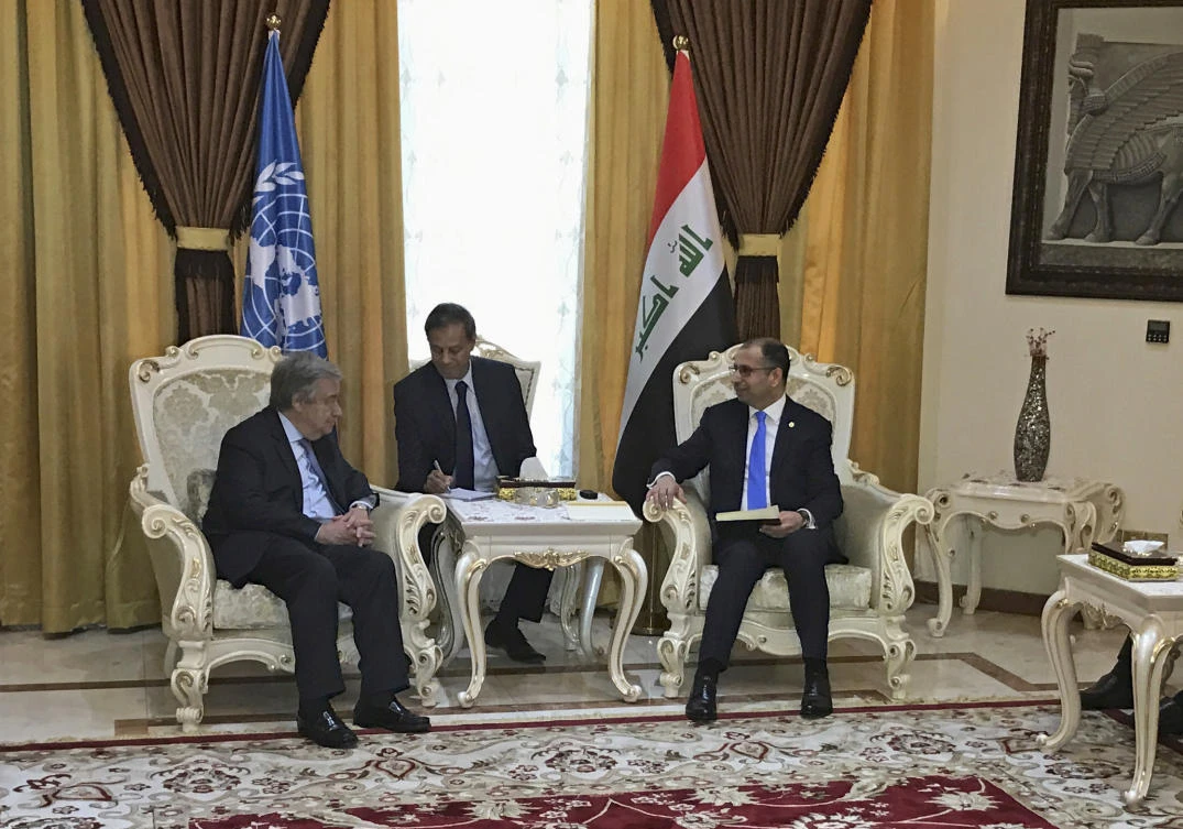 UN Secretary-General Antonio Guterres, left, meets with Iraqi parliament speaker Salim al-Jabouri, right, in Baghdad, Iraq. (AP)