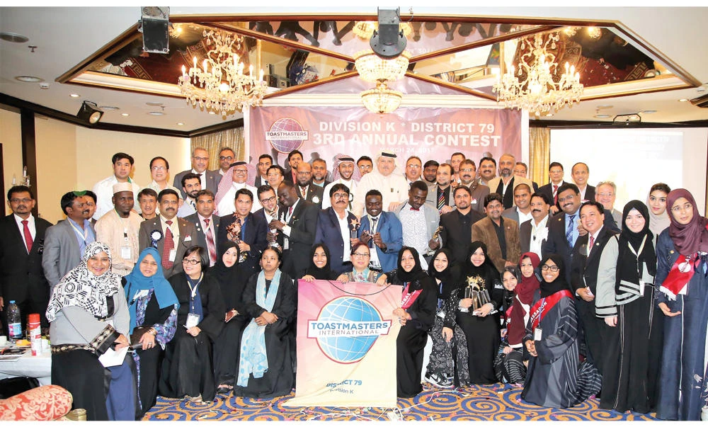 Contestants, winners, guests and organizers pose for a group photo at the Toastmasters event in Jeddah. (AN photo)