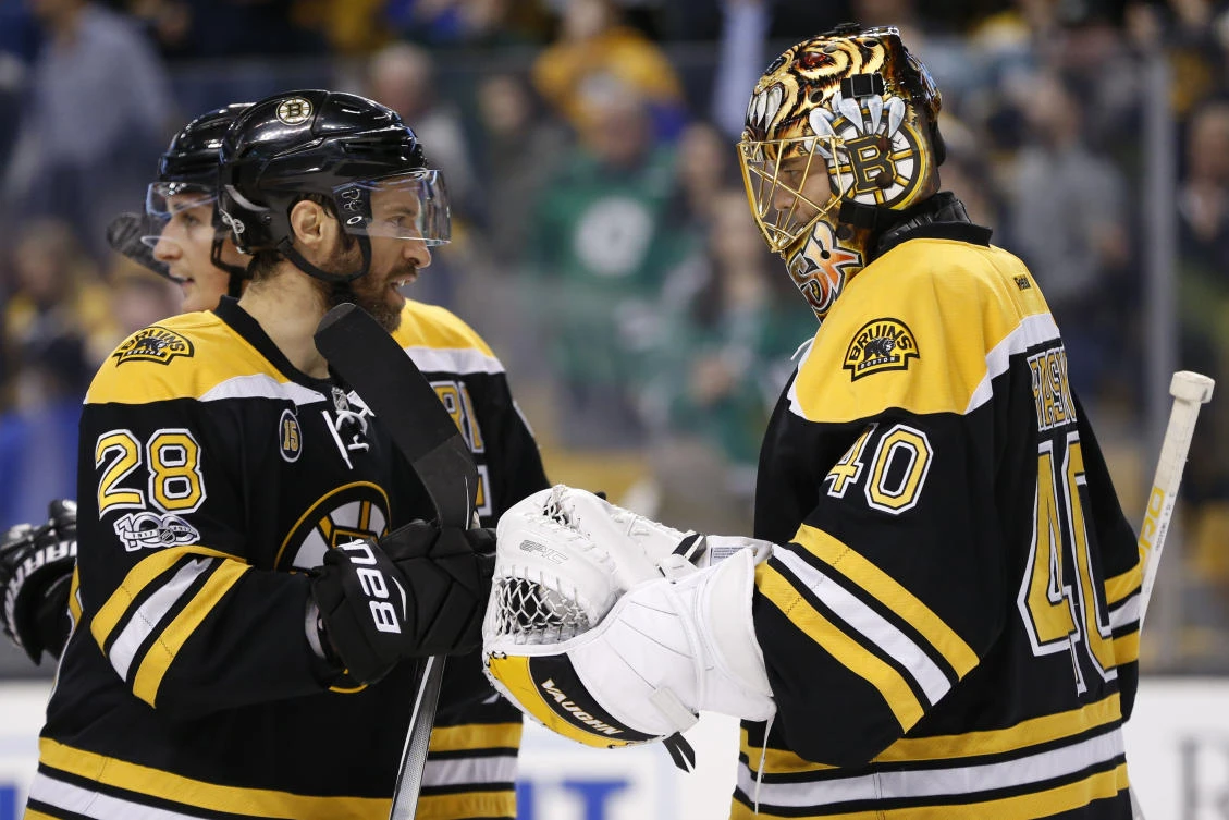 Boston Bruins center Dominic Moore (28) celebrates with goalie Tuukka Rask (40) after defeating the Dallas Stars at TD Garden on Thursday night. (USA TODAY Sports)