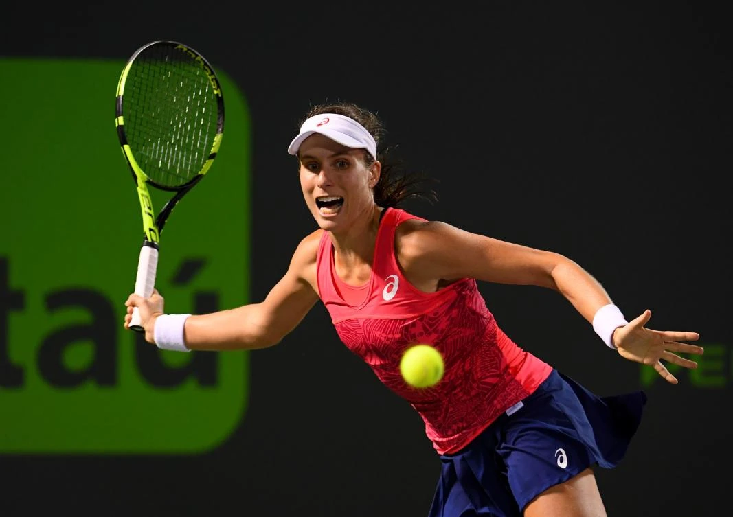 Johanna Konta in action during the semifinals match against Venus Williams of the Miami Open at the Crandon Park Tennis Center Key Biscayne, Florida, on Thursday night. (AFP)