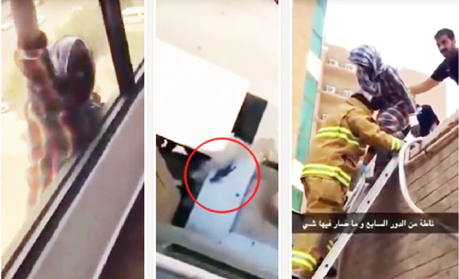 A combo of YouTube grabs shows the maid pleading for help while clinging to the window as her madam films her plight. Middle: Her fall is cushioned by a soft roof of a room on the ground floor. Right: Being rescued by the civil defense personnel.