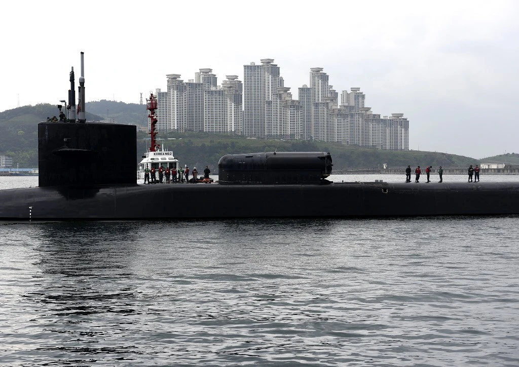 The Ohio-class guided-missile submarine USS Michigan arrives for a regularly scheduled port visit while conducting routine patrols throughout the Western Pacific in Busan, South Korea, on Monday. (AFP)