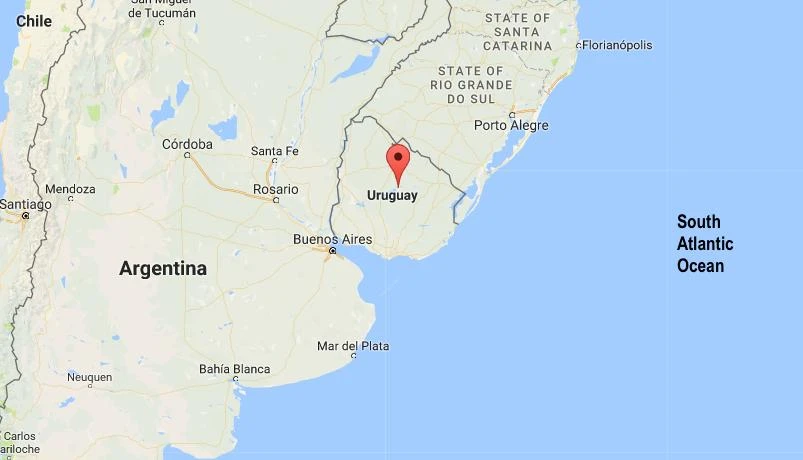 Google map showing the location of Uruguay.