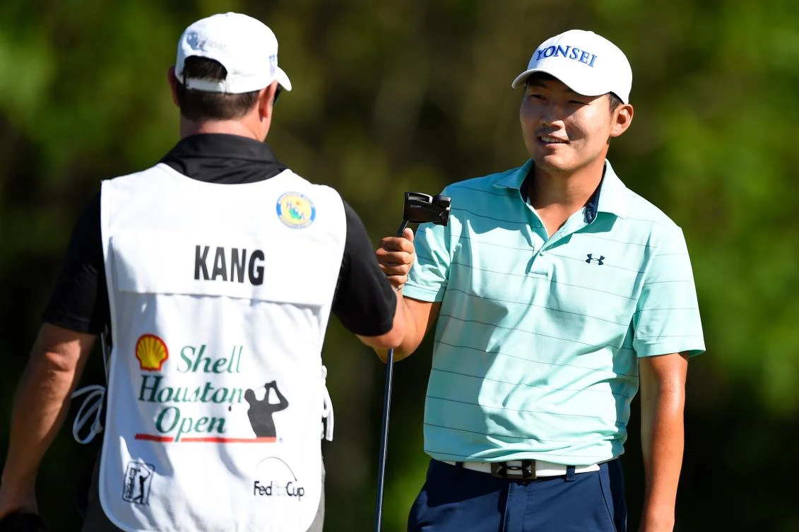 Sung Kang, of South Korea, celebrates after making a birdie putt on the second green during the second round of the Shell Houston Open at the Golf Club of Houston on Friday in Humble, Texas. (AFP)