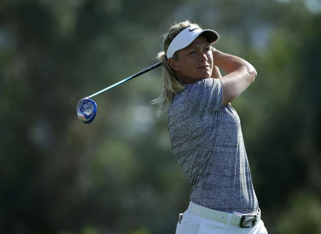 Suzann Pettersen, of Norway, plays her tee shot on the sixth hole during the second round of the ANA Inspiration at the Dinah Shore Tournament Course at Mission Hills Country Club on Friday in Rancho Mirage, California. (AFP)