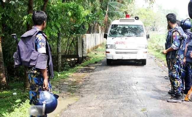 Ambulance carrying dead bodies of militants comes out of the spot in Nasirpur village, Moulvibazar, northeast of the capital Dhaka, Bangladesh, in this March 30, 2017 photo. (REUTERS)
