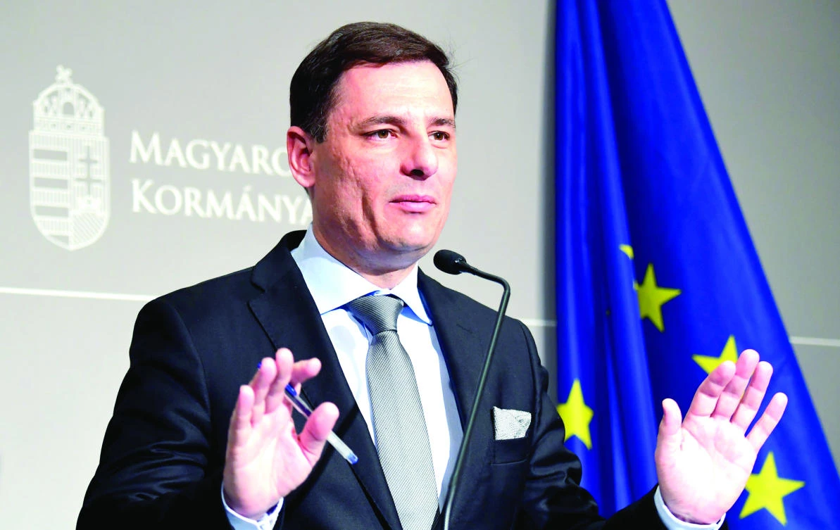 Bence Tuzson, Hungarian Minister of State for Government Communication, holds a press conference on a national consultation, in Budapest on Saturday. (AFP)