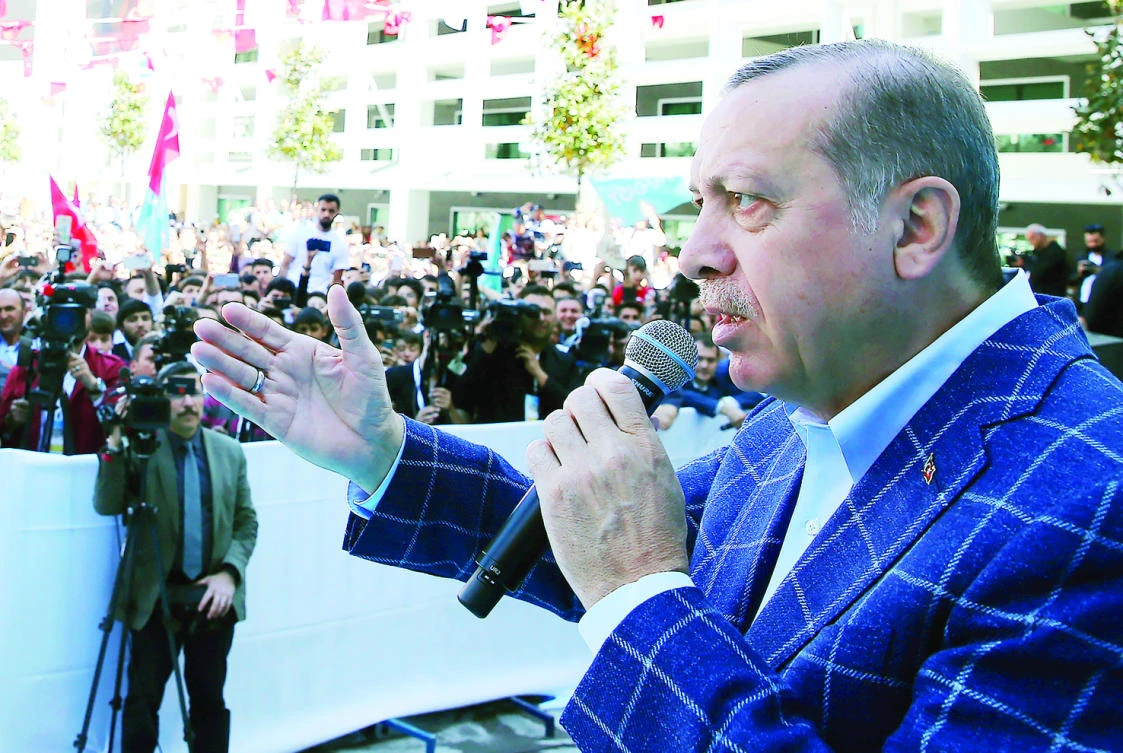 Turkey’s President Recep Tayyip Erdogan addresses his supporters in Antalya, Turkey, earlier this month. (AP)