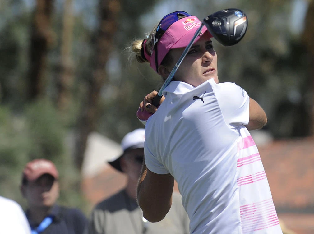 Lexi Thompson hits from the third hole tee box during the third round of the ANA Inspiration golf tournament at Mission Hills CC - Dinah Shore Tournament Course on Saturday. (USA TODAY Sports)