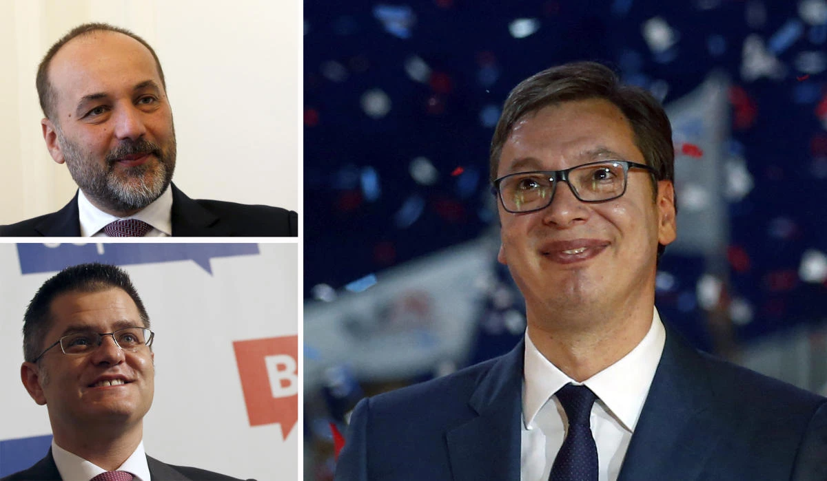 A combo shows two main opposition candidates, Sasa Jankovic, top left, and Vuk Jeremic, down, and current Serbian Prime Minister and presidential candidate Aleksandar Vucic, in Belgrade, Serbia. (AP Photo/Darko Vojinovic)