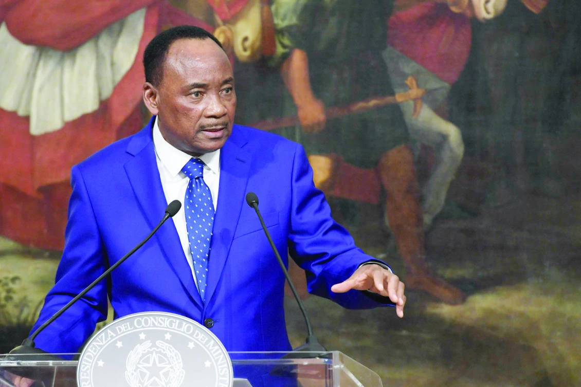 Niger’s President Mahamadou Issoufou speaks during his visit to the Palazzo Chigi in Rome, on Friday. (AFP)