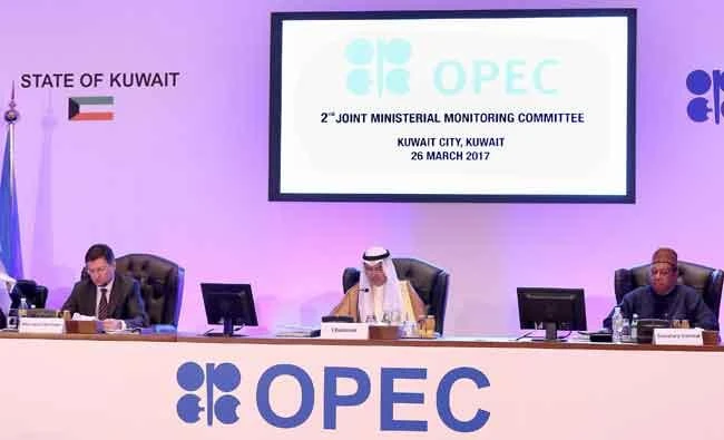 (L to R) Russian Energy Minister Alexander Novak, Kuwait's Oil Minister Essam al-Marzouq and OPEC secretary general Mohammad Sanusi Barkindo attend a meeting for the 2nd Joint Ministerial Monitoring Committee of OPEC, in Kuwait City, in this March 26, 2017 photo. (AFP)