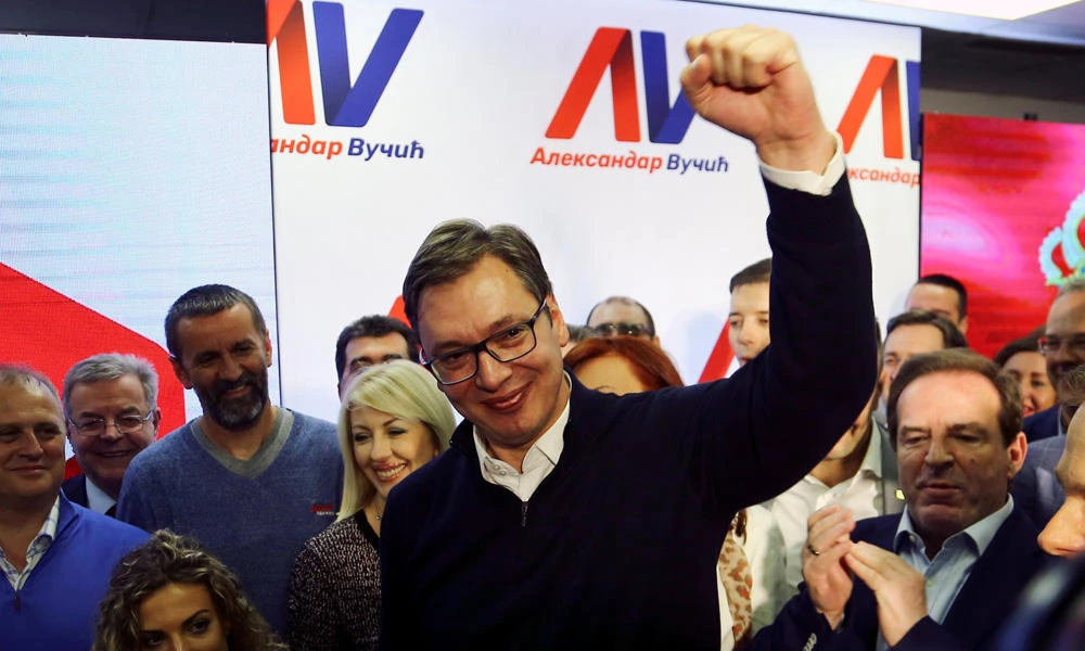 Serbian Prime Minister and presidential candidate Aleksandar Vucic celebrates his win in presidential election at his headquarters in Belgrade, Serbia,on Monday. (REUTERS/Antonio Bronic)