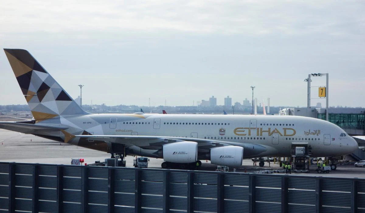 An Etihad Airways jet can be seen parked at the terminal at John F. Kennedy International Airport in New York. (AFP)
