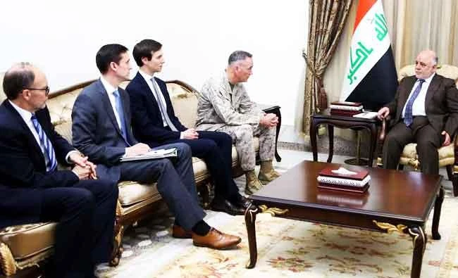A handout photo released by the Iraqi prime minister's press office shows premier Haidar al-Abadi (C) and members of his government (R) meeting with members of US delegation Gen. Stephen Townsend, commander of the international coalition forces in Iraq and Syria, Jared Kushner, senior adviser to US President Donald Trump, Tom Bosertala, the US national security adviser and US ambassador Douglas Silliman. (AFP)
