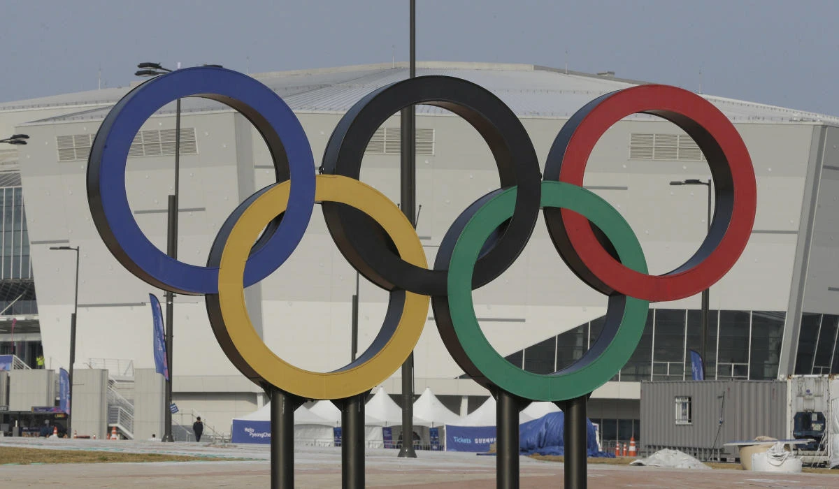 Olympic rings are seen in front of Gangneung Hockey Center in Gangneung, South Korea, on Tuesday. (AP)