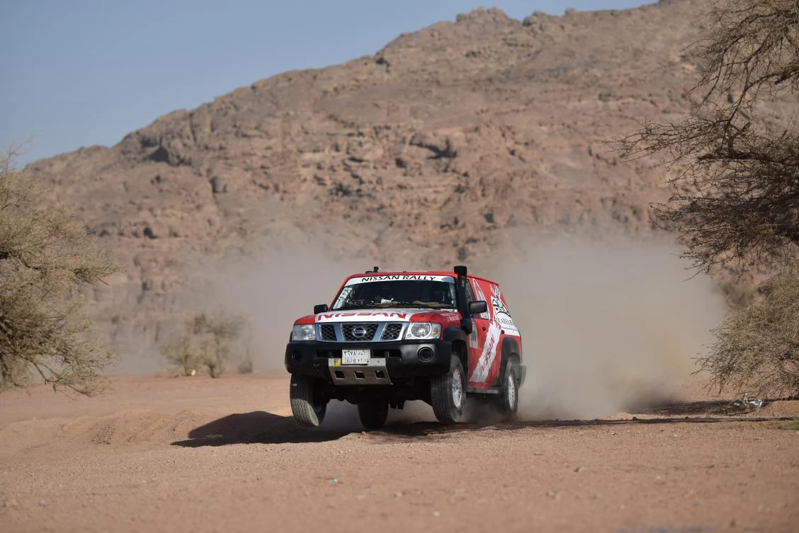 Muneef Al-Salmani in T2 action with his Nissan in Nissan Hail International Rally on Tuesday. (AN photo)