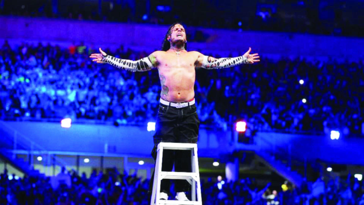 The Hardy Boys Jeff, pictured, and Matt after winning the Raw Tag Team Championship in a Fatal 4-Way Elimination Ladder Match.