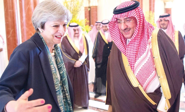 Crown Prince Mohammed bin Naif receives British Prime Minister Theresa May in Riyadh Tuesday. (SPA)