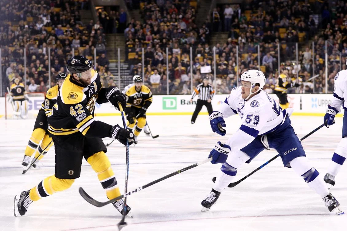 Jake Dotchin (59) of the Tampa Bay Lightning defends David Backes (42) of the Boston Bruins during the third period at TD Garden in Boston, Massachusetts, Tuesday night. (AFP)