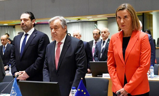 Lebanese PM Saad Hariri, UN Secretary-General Antonio Guterres and High Representative of the Union for Foreign Affairs and Security Policy / Vice-President of the Commission Federica Mogherini observe a minute of silence for the victims in the Syrian town of Khan Sheikhun, while attending a conference on Syria and the region, at European Commission in Brussels. (AFP)