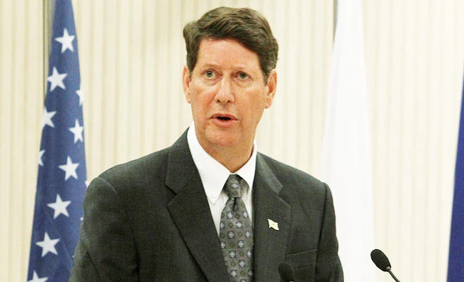 Vice President of Exxon Mobil Andrew Swiger delivers a speech during an official signing ceremony at Presidential Palace in Nicosia, Cyprus on Wednesday. (REUTERS)