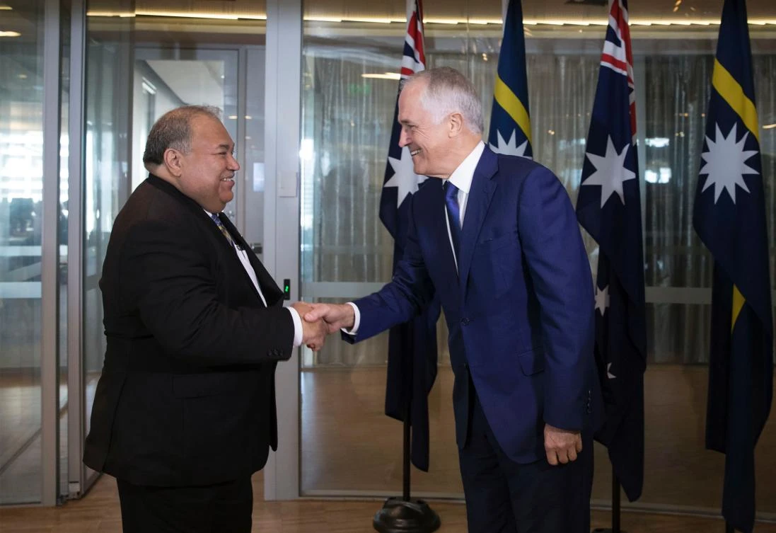 This handout photo from the Australian Prime Minister’s Office taken and released on April 6, 2017 shows Australia’s Prime Minister Malcolm Turnbull (R) shaking hands with visiting Nauru President Baron Divavesi Waqa in Sydney. Waqa is touring Australia on a three-day official visit. (AFP)