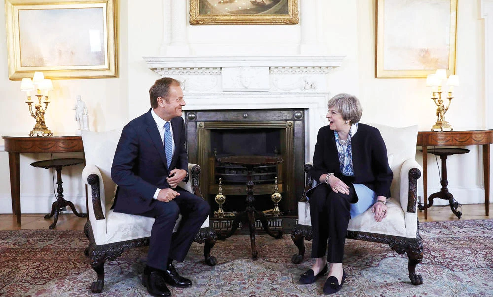 Britain's Prime Minister, Theresa May and Donald Tusk, the President of the European Council, meet inside 10 Downing Street, in central London, on Thursday. (Reuters)