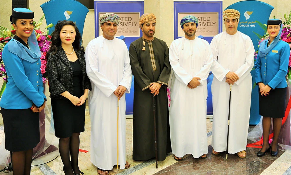 Senior officials from Oman Air, Muscat Duty Free and media representatives at the launching ceremony of Roja Parfums’ products.