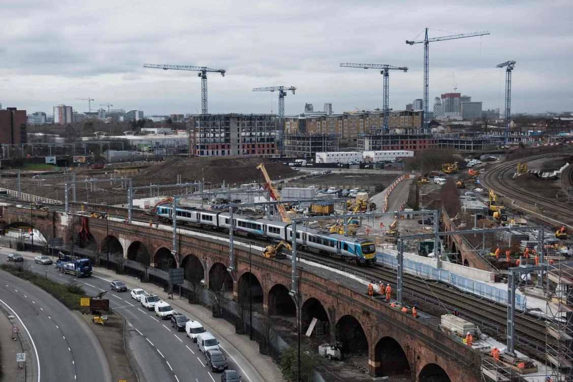 Construction and rail improvement work takes place in the city centre of Manchester, northwest England, one of Britain's biggest finance hubs. (AFP)