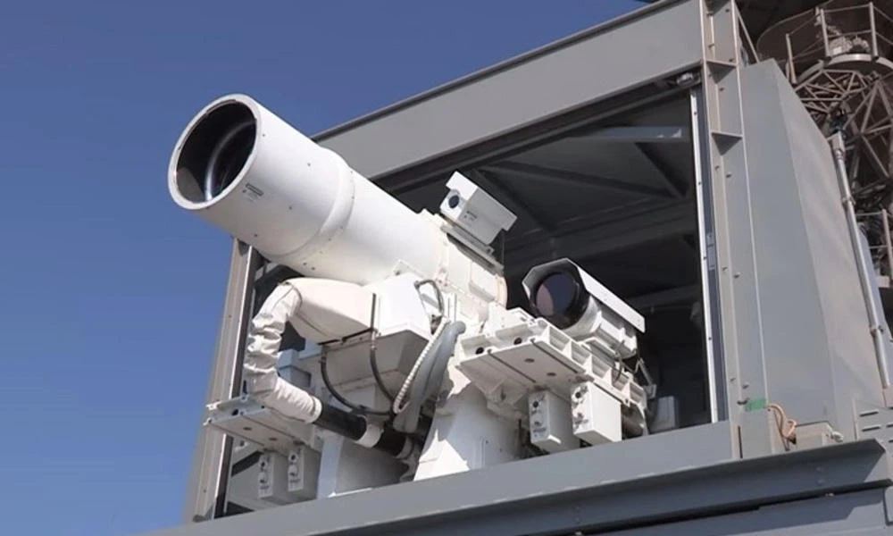 In this photo from a YouTube video, the Laser Weapon System (LaWS) being developed by General Atomics and Lockheed Martin is deployed for testing on the USS Ponce in the Arabian Gulf in December 2014. (US Naval Research via youTube)