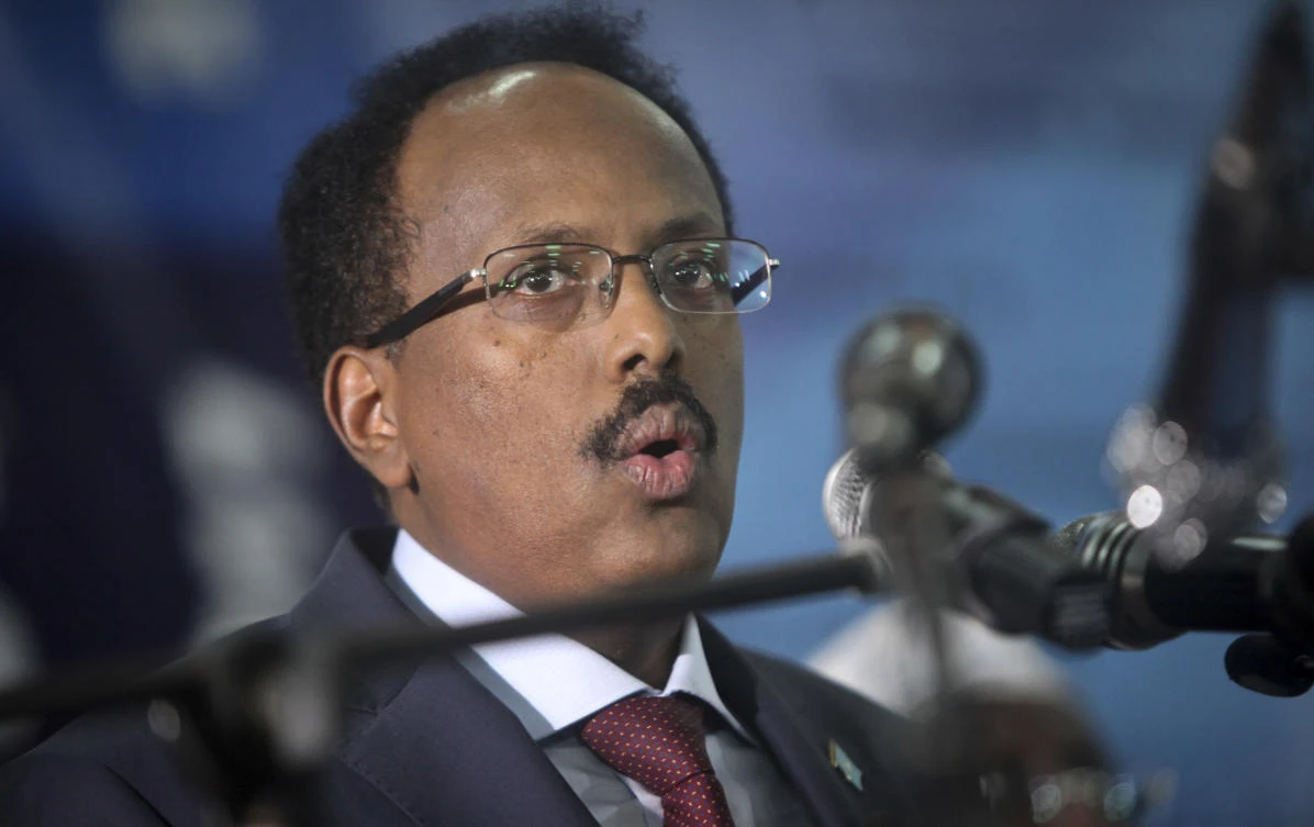 Somalia’s President Mohamed Abdullahi Mohamed speaks at his inauguration ceremony in Mogadishu, Somalia. Somalia’s new president (AP)