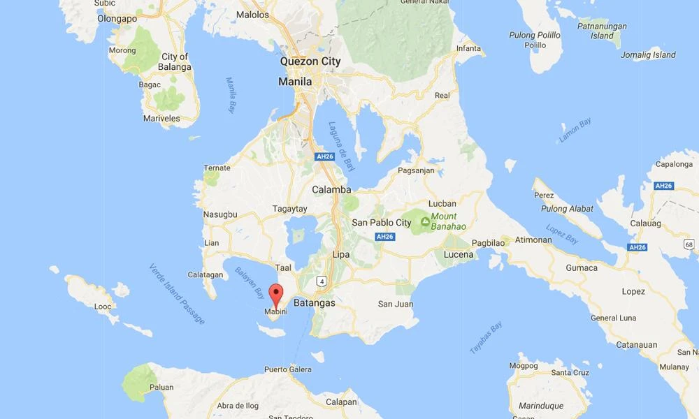 Google map showing Mabini in Batangas, Philippines, near the center of Saturday's earthquakes.