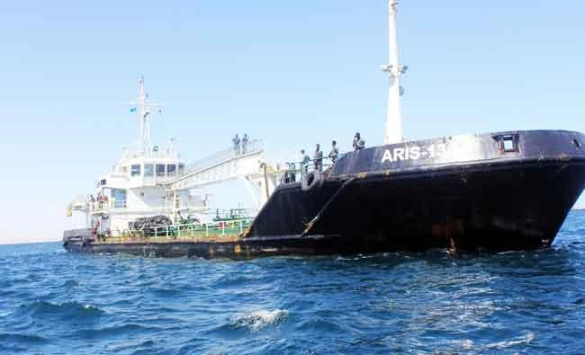 Maritime police are seen aboard oil tanker Aris-13, which was released by pirates, as it sails to dock on the shores of the Gulf of Aden in the city of Bosasso, northern Somalia's semi-autonomous region of Puntland, in this March 19, 2017 photo. (REUTERS)
