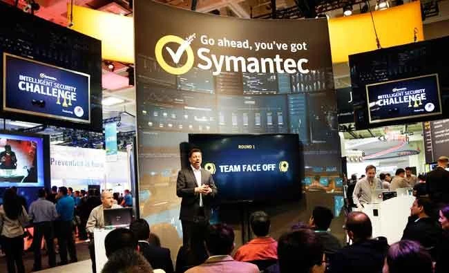 In this April 22, 2015 file photo, a presentation is made in the Symantec booth during the RSA Conference in San Francisco. (AP)
